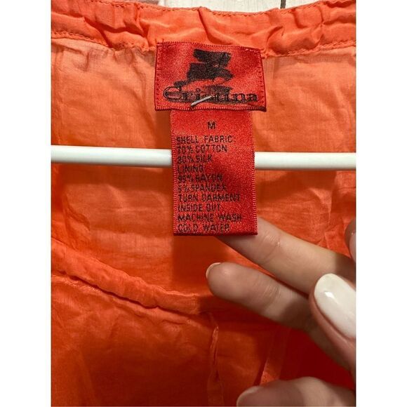 V Christina Womens Silk Tunic Blouse Eyelet Quarter Sleeve Smocked Cuff Orange M - Picture 3 of 7